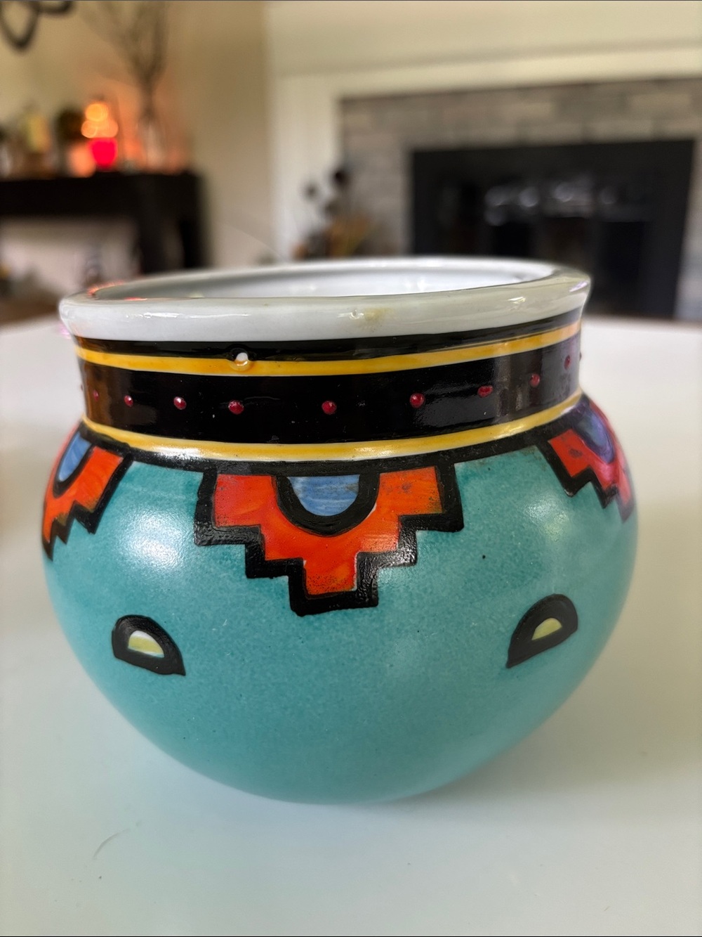 PORCELAIN Terra South Western Ecco Hand-Painted Turquoise Ceramic Vase
